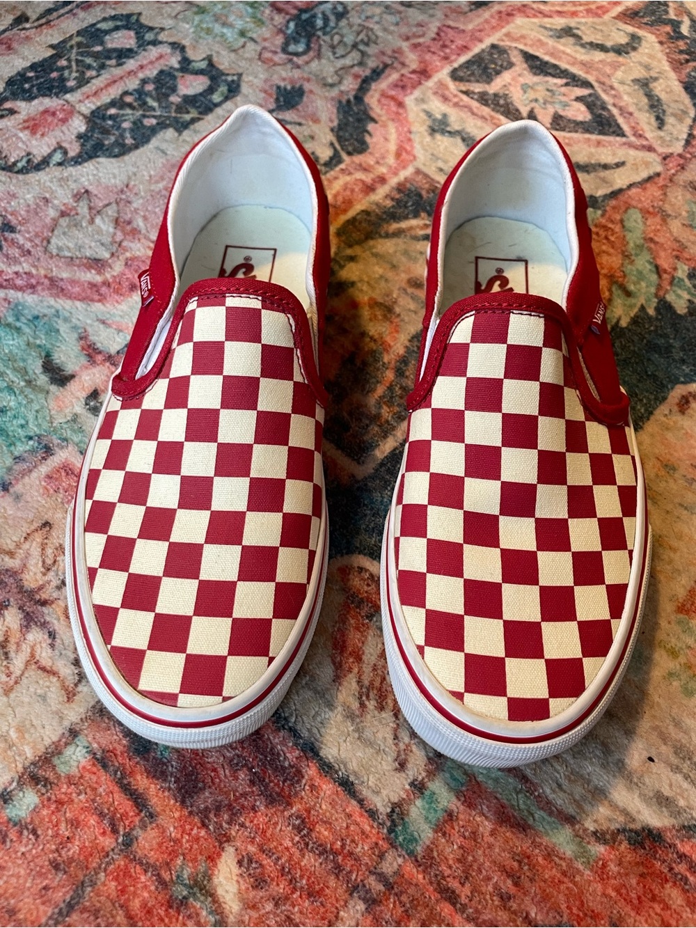 VANS Red and Cream Checkerboard Slip Ons Sz 7 - Picture 1 of 7